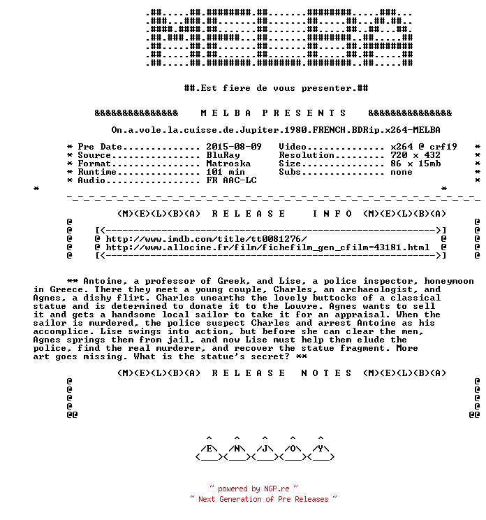 NFO for the release On.a.vole.la.cuisse.de.Jupiter.1980.FRENCH.BDRip.x264-MELBA by MELBA