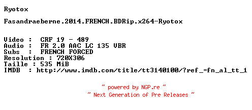 NFO for the release Fasandraeberne.2014.FRENCH.BDRip.x264-Ryotox by Ryotox