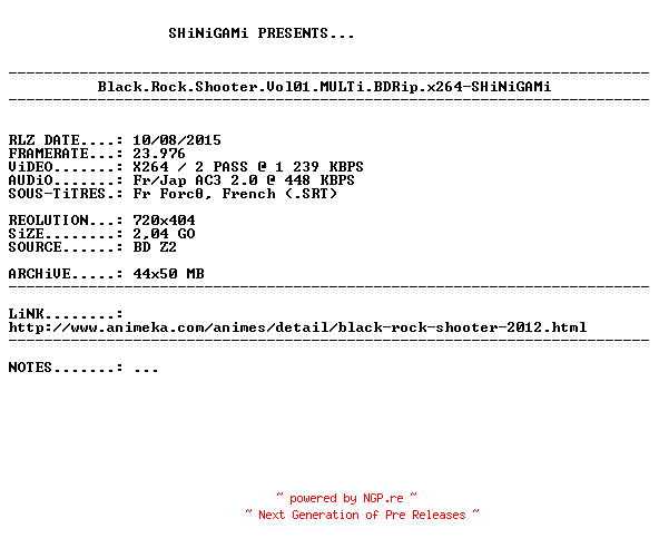 NFO for the release Black.Rock.Shooter.Vol01.MULTi.BDRip.x264-SHiNiGAMi by SHiNiGAMi