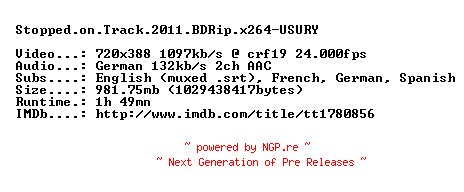 NFO for the release Stopped.on.Track.2011.BDRip.x264-USURY by USURY