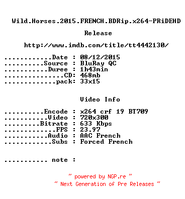 NFO for the release Wild.Horses.2015.FRENCH.BDRip.x264-PRiDEHD by PRiDEHD