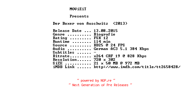 NFO for the release Der.Boxer.von.Auschwitz.German.2013.AC3.BDRip.x264-MOViEiT by MOViEiT