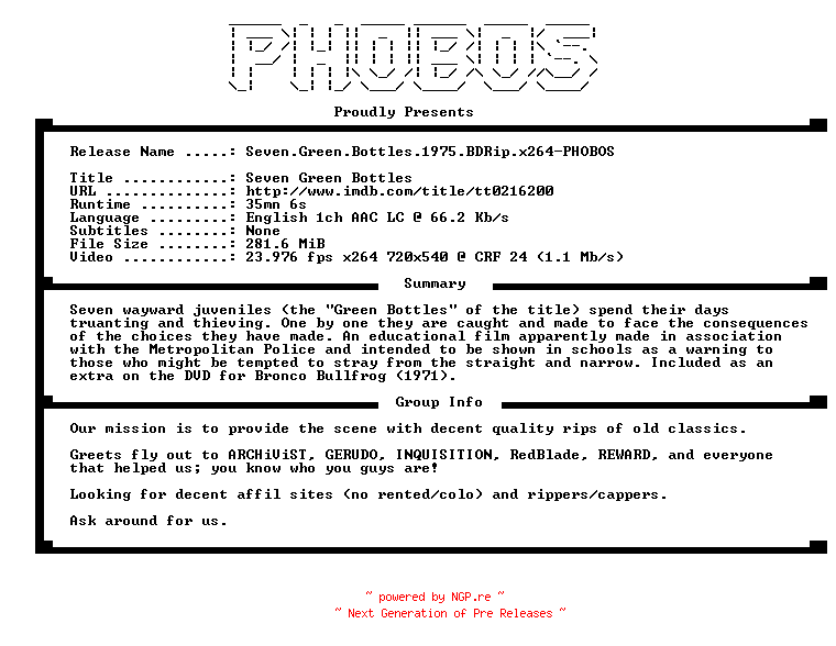 NFO for the release Seven.Green.Bottles.1975.BDRip.x264-PHOBOS by PHOBOS