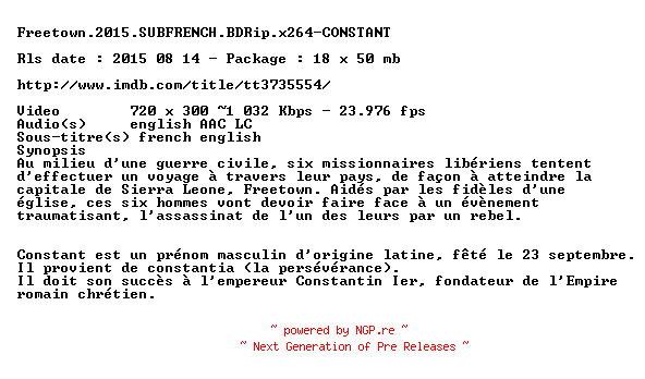NFO for the release Freetown.2015.SUBFRENCH.BDRip.x264-CONSTANT by CONSTANT