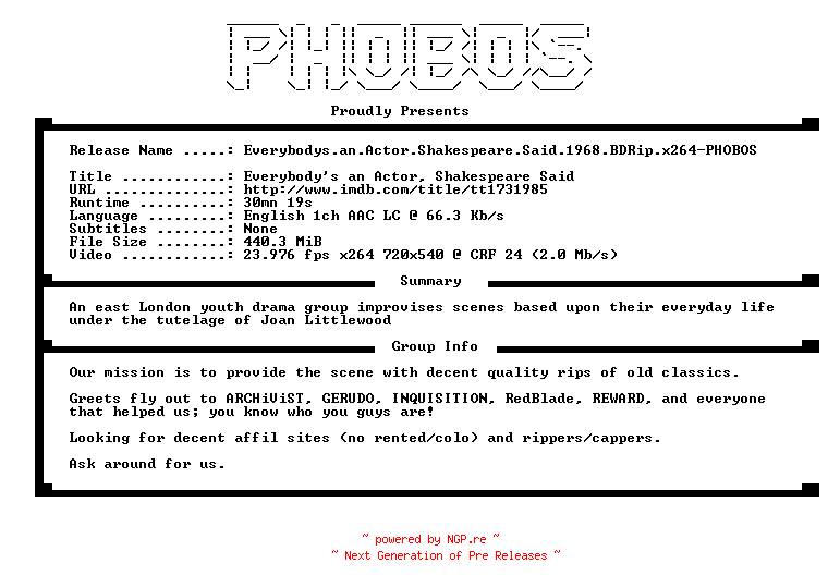 NFO for the release Everybodys.an.Actor.Shakespeare.Said.1968.BDRip.x264-PHOBOS by PHOBOS