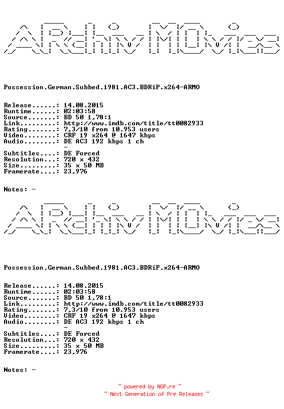 NFO for the release Possession.German.Subbed.1981.AC3.BDRiP.x264-ARMO by ARMO