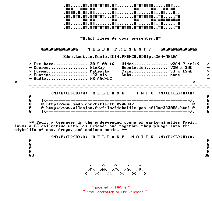 NFO for the release Eden.Lost.in.Music.2014.FRENCH.BDRip.x264-MELBA by MELBA