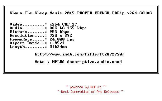 NFO for the release Shaun.The.Sheep.Movie.2015.PROPER.FRENCH.BDRip.x264-COUAC by COUAC