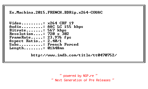 NFO for the release Ex.Machina.2015.FRENCH.BDRip.x264-COUAC by COUAC