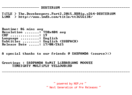 NFO for the release The.Dovekeepers.Part2.2015.BDRip.x264-DEUTERiUM by DEUTERiUM