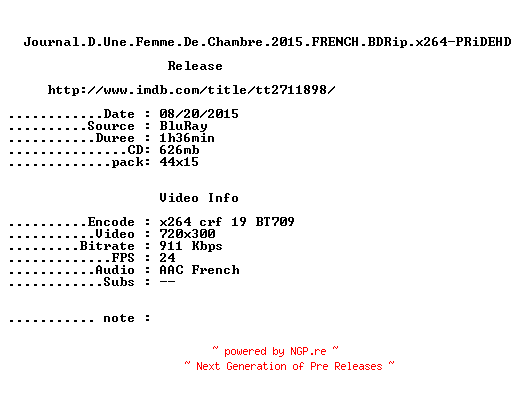 NFO for the release Journal.D.Une.Femme.De.Chambre.2015.FRENCH.BDRip.x264-PRiDEHD by PRiDEHD