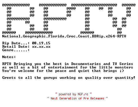 NFO for the release National.Geographic.Florida.Croc.Coast.BDRip.x264-RPTV by RPTV