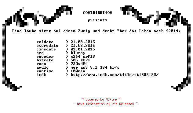 NFO for the release Eine.Taube.sitzt.auf.einem.Zweig.und.denkt.ueber.das.Leben.nach.2014.German.BDRip.x264-CONTRiBUTiON by CONTRiBUTiON