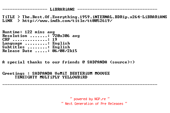 NFO for the release The.Best.Of.Everything.1959.iNTERNAL.BDRip.x264-LiBRARiANS by LiBRARiANS