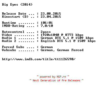 NFO for the release Big.Eyes.German.2014.AC3.BDRiP.x264-EXQUiSiTE by EXQUiSiTE