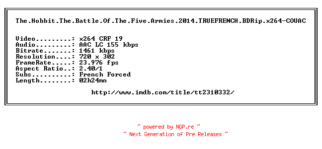 NFO for the release The.Hobbit.The.Battle.Of.The.Five.Armies.2014.TRUEFRENCH.BDRip.x264-COUAC by COUAC
