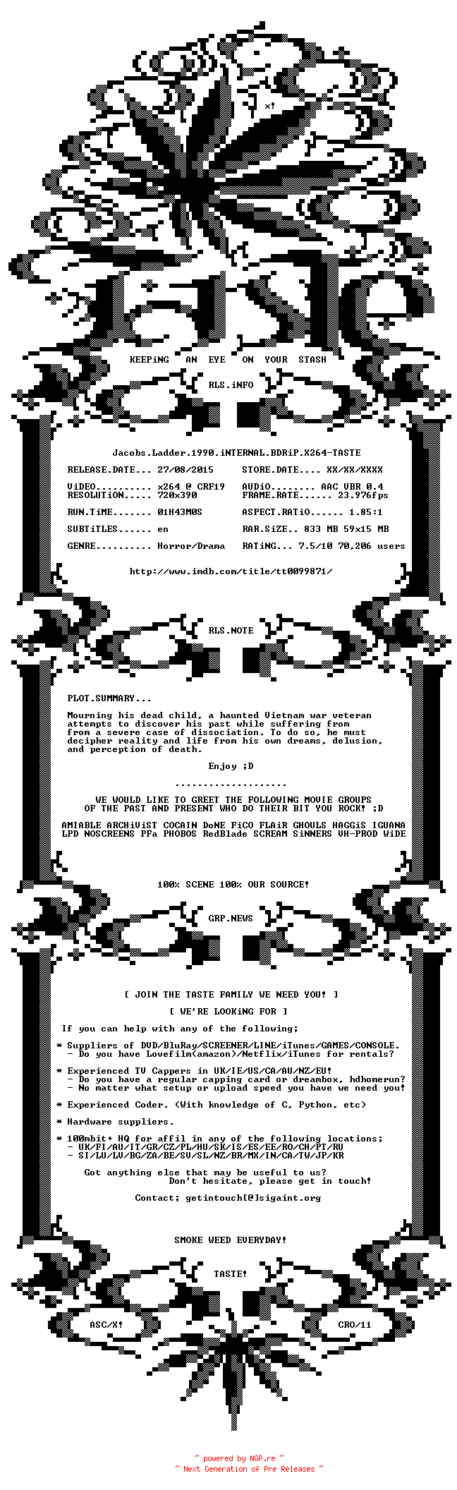 NFO for the release Jacobs.Ladder.1990.iNTERNAL.BDRiP.X264-TASTE by TASTE