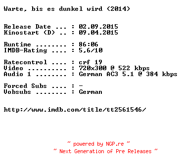 NFO for the release Warte.bis.es.dunkel.wird.German.2014.AC3.BDRiP.x264-EXQUiSiTE by EXQUiSiTE