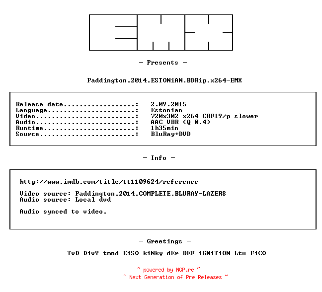 NFO for the release Paddington.2014.ESTONiAN.BDRip.x264-EMX by EMX