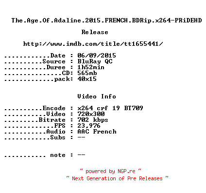 NFO for the release The.Age.Of.Adaline.2015.FRENCH.BDRip.x264-PRiDEHD by PRiDEHD
