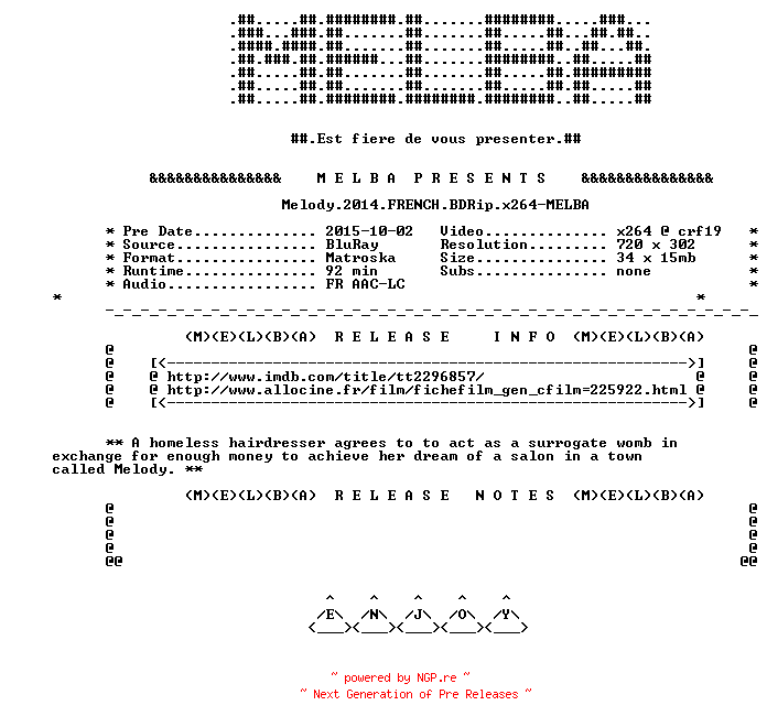 NFO for the release Melody.2014.FRENCH.BDRip.x264-MELBA by MELBA