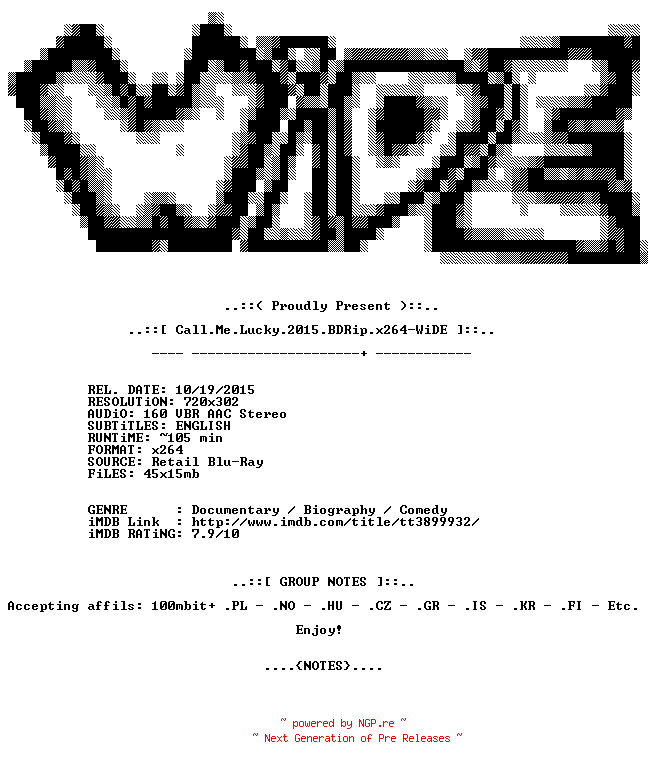 NFO for the release Call.Me.Lucky.2015.BDRip.x264-WiDE by WiDE