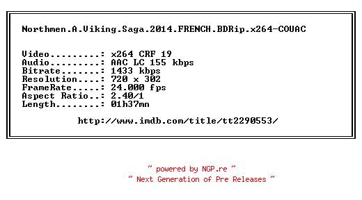 NFO for the release Northmen.A.Viking.Saga.2014.FRENCH.BDRip.x264-COUAC by COUAC