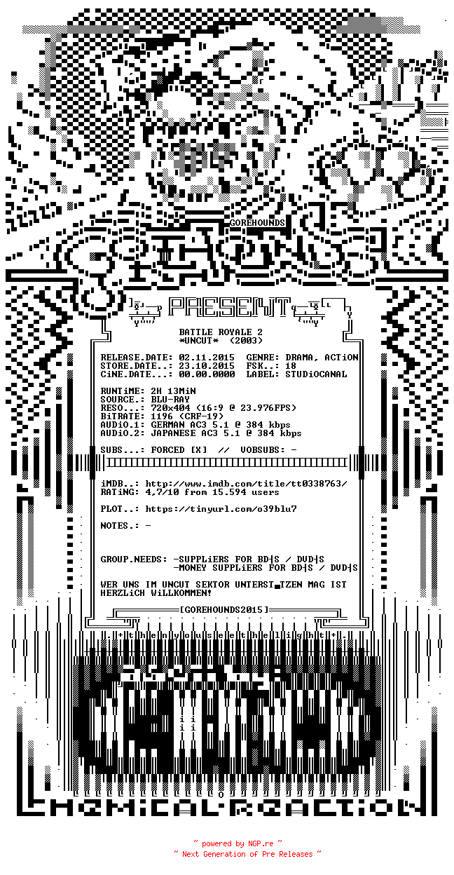 NFO for the release Battle.Royale.2.UNCUT.GERMAN.2003.DL.BDRiP.x264.INTERNAL-GOREHOUNDSx by GOREHOUNDSx