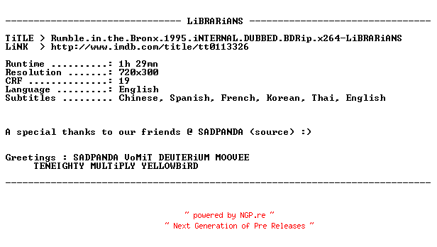 NFO for the release Rumble.in.the.Bronx.1995.iNTERNAL.DUBBED.BDRip.x264-LiBRARiANS by LiBRARiANS