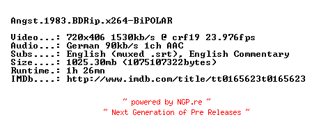 NFO for the release Angst.1983.BDRip.x264-BiPOLAR by BiPOLAR