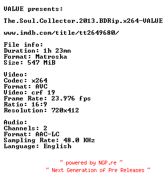 NFO for the release The.Soul.Collector.2013.BDRip.x264-VALUE by VALUE