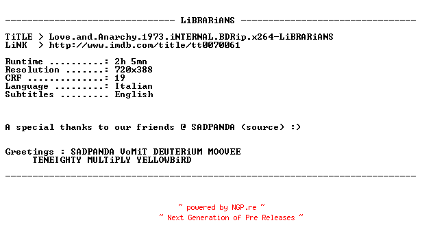 NFO for the release Love.and.Anarchy.1973.iNTERNAL.BDRip.x264-LiBRARiANS by LiBRARiANS