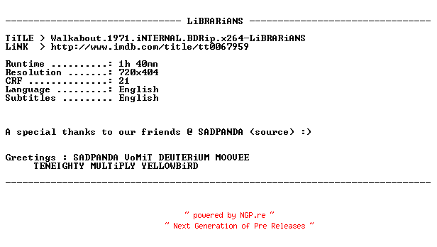 NFO for the release Walkabout.1971.iNTERNAL.BDRip.x264-LiBRARiANS by LiBRARiANS