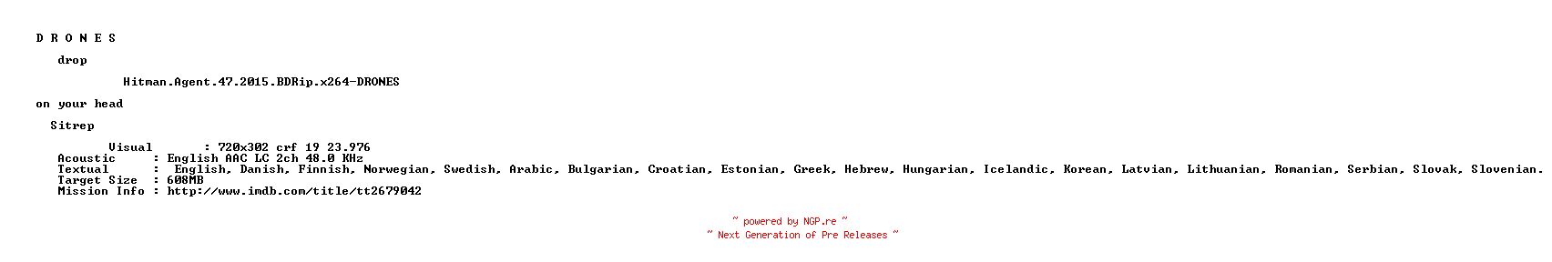 NFO for the release Hitman.Agent.47.2015.BDRip.x264-DRONES by DRONES