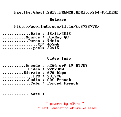 NFO for the release Pay.the.Ghost.2015.FRENCH.BDRip.x264-PRiDEHD by PRiDEHD