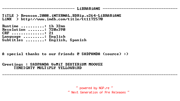 NFO for the release Bronson.2008.iNTERNAL.BDRip.x264-LiBRARiANS by LiBRARiANS