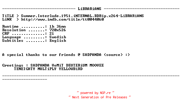 NFO for the release Summer.Interlude.1951.iNTERNAL.BDRip.x264-LiBRARiANS by LiBRARiANS