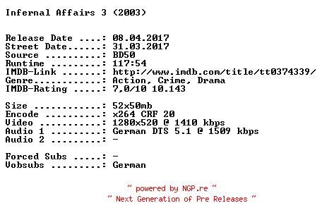 NFO for the release Infernal.Affairs.3.2003.German.720p.BluRay.x264-SPiCY by SPiCY