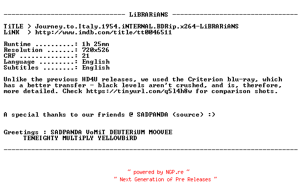 NFO for the release Journey.to.Italy.1954.iNTERNAL.BDRip.x264-LiBRARiANS by LiBRARiANS