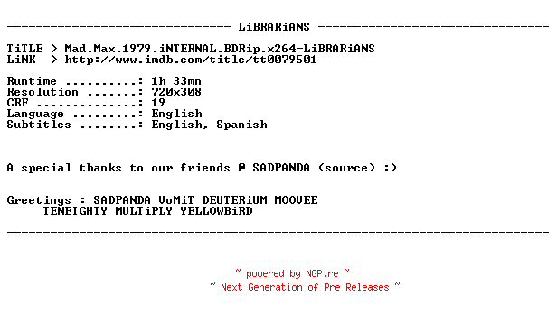 NFO for the release Mad.Max.1979.iNTERNAL.BDRip.x264-LiBRARiANS by LiBRARiANS