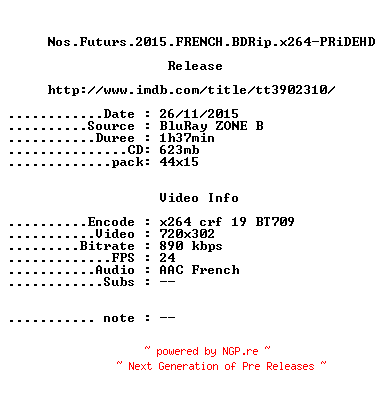 NFO for the release Nos.Futurs.2015.FRENCH.BDRip.x264-PRiDEHD by PRiDEHD