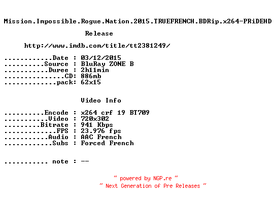 NFO for the release Mission.Impossible.Rogue.Nation.2015.TRUEFRENCH.BDRip.x264-PRiDEHD by PRiDEHD