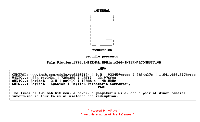 NFO for the release Pulp.Fiction.1994.iNTERNAL.BDRip.x264-iNTERNALCOMBUSTiON by iNTERNALCOMBUSTiON