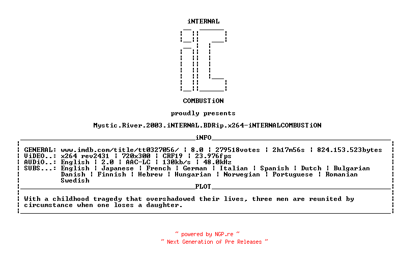 NFO for the release Mystic.River.2003.iNTERNAL.BDRip.x264-iNTERNALCOMBUSTiON by iNTERNALCOMBUSTiON