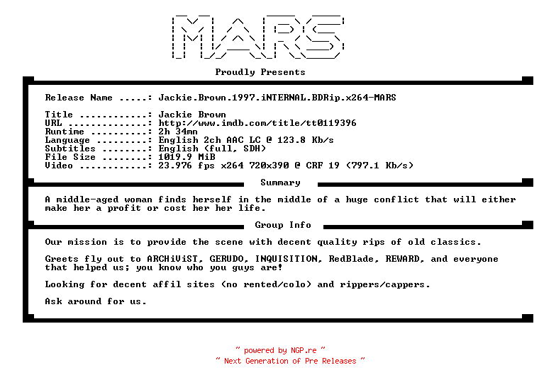NFO for the release Jackie.Brown.1997.iNTERNAL.BDRip.x264-MARS by MARS