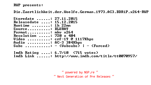 NFO for the release Die.Zaertlichkeit.der.Woelfe.German.1973.AC3.BDRiP.x264-RWP by RWP