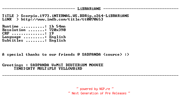 NFO for the release Scorpio.1973.iNTERNAL.BDRip.x264-LiBRARiANS by LiBRARiANS