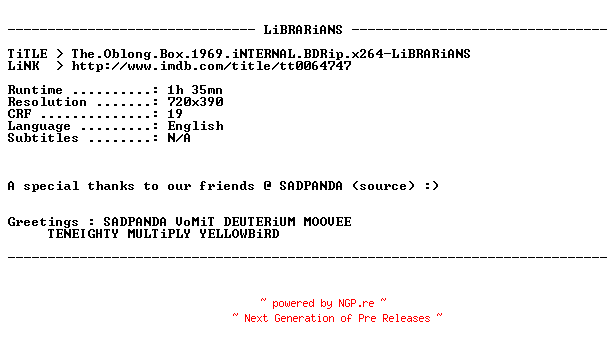 NFO for the release The.Oblong.Box.1969.iNTERNAL.BDRip.x264-LiBRARiANS by LiBRARiANS