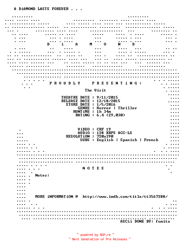 NFO for the release The.Visit.2015.BDRip.x264-DiAMOND by DiAMOND