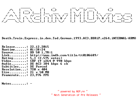 NFO for the release Death.Train.Express.in.den.Tod.German.1993.AC3.BDRiP.x264.iNTERNAL-ARMO by ARMO